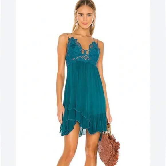 Free People Dresses & Skirts - Free People Adella turquoise Slip Lace trim Dress Size S Asymmetric Boho Fairy